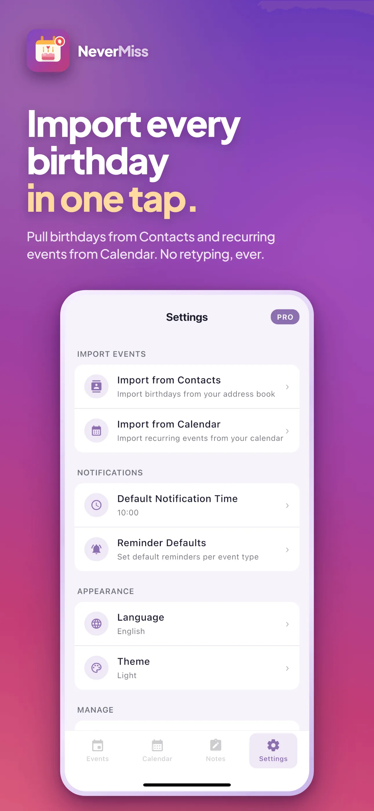 NeverMiss: Birthdays pulled from Contacts and Calendar