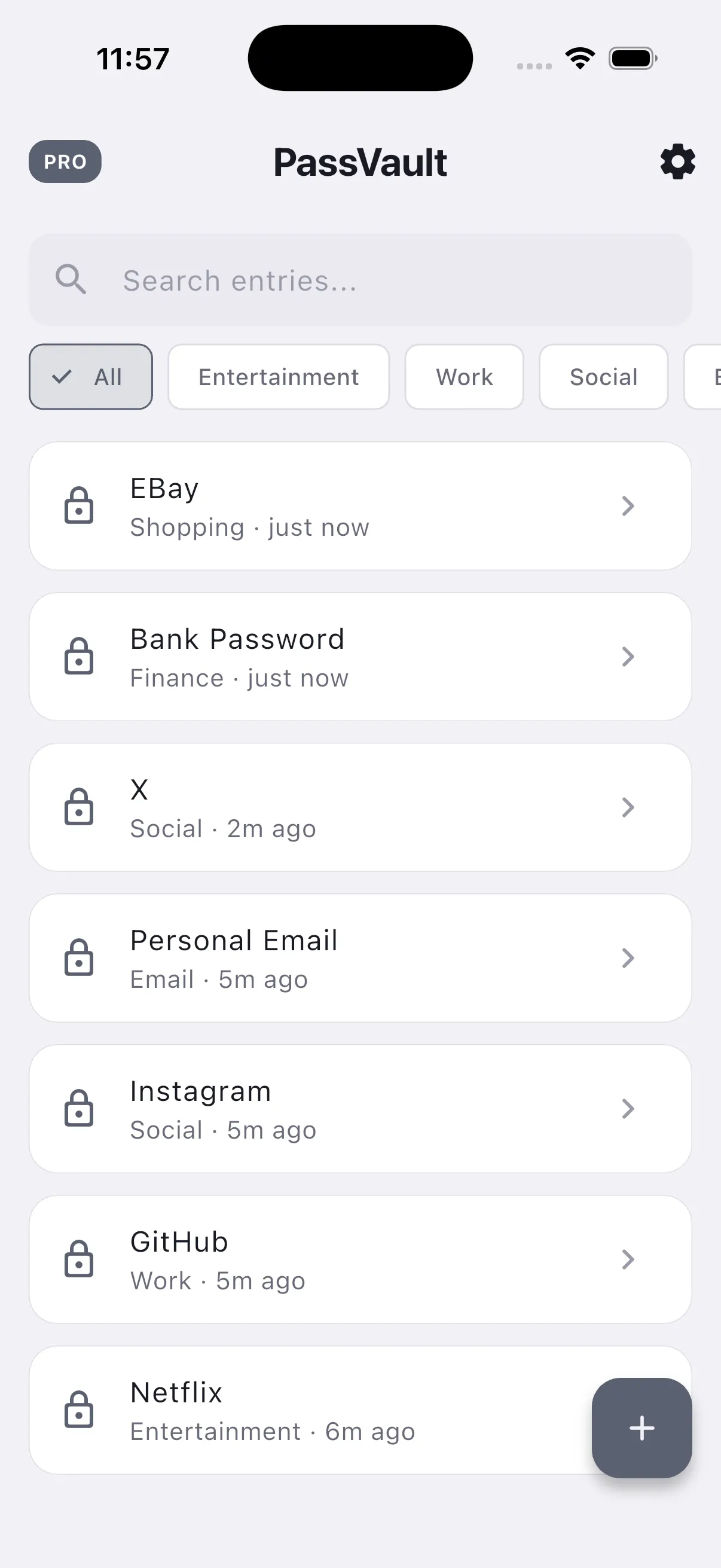 PassVault: Every entry in one list, filtered by category