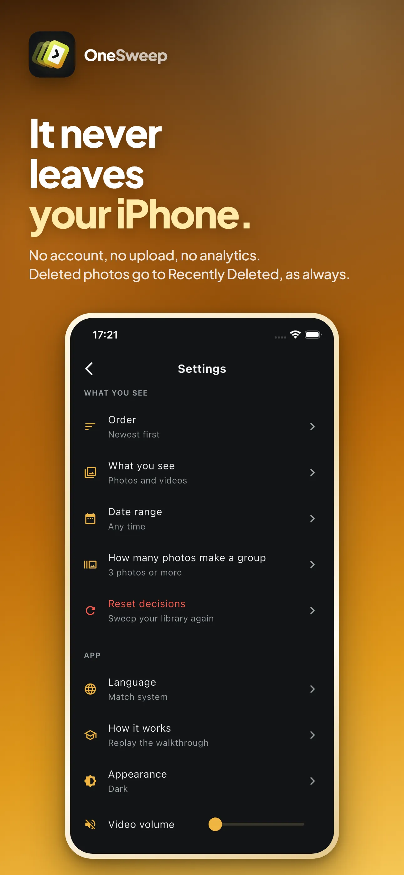 OneSweep: No account, no upload, nothing leaves the phone