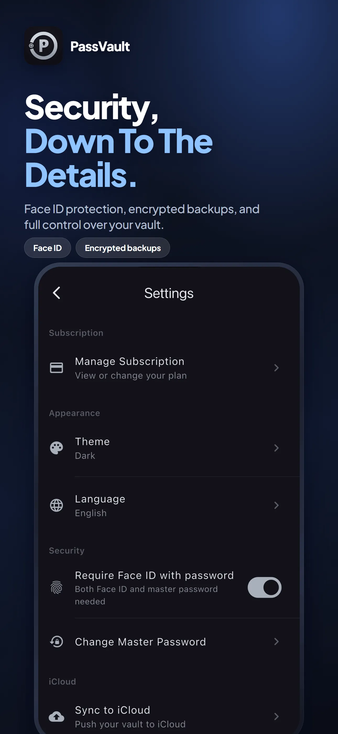 PassVault: Face ID, backup and language, all in one place