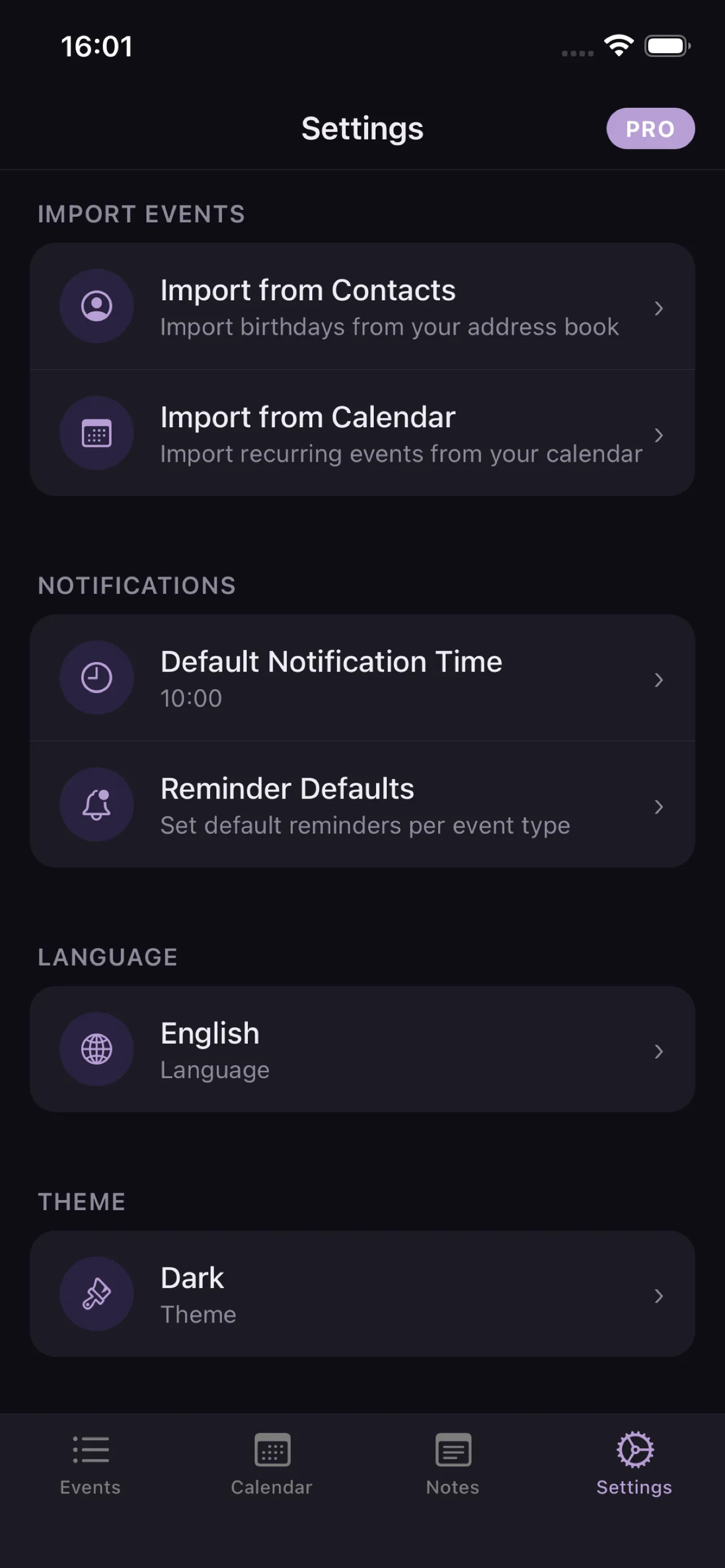 NeverMiss: Reminder defaults, language and theme