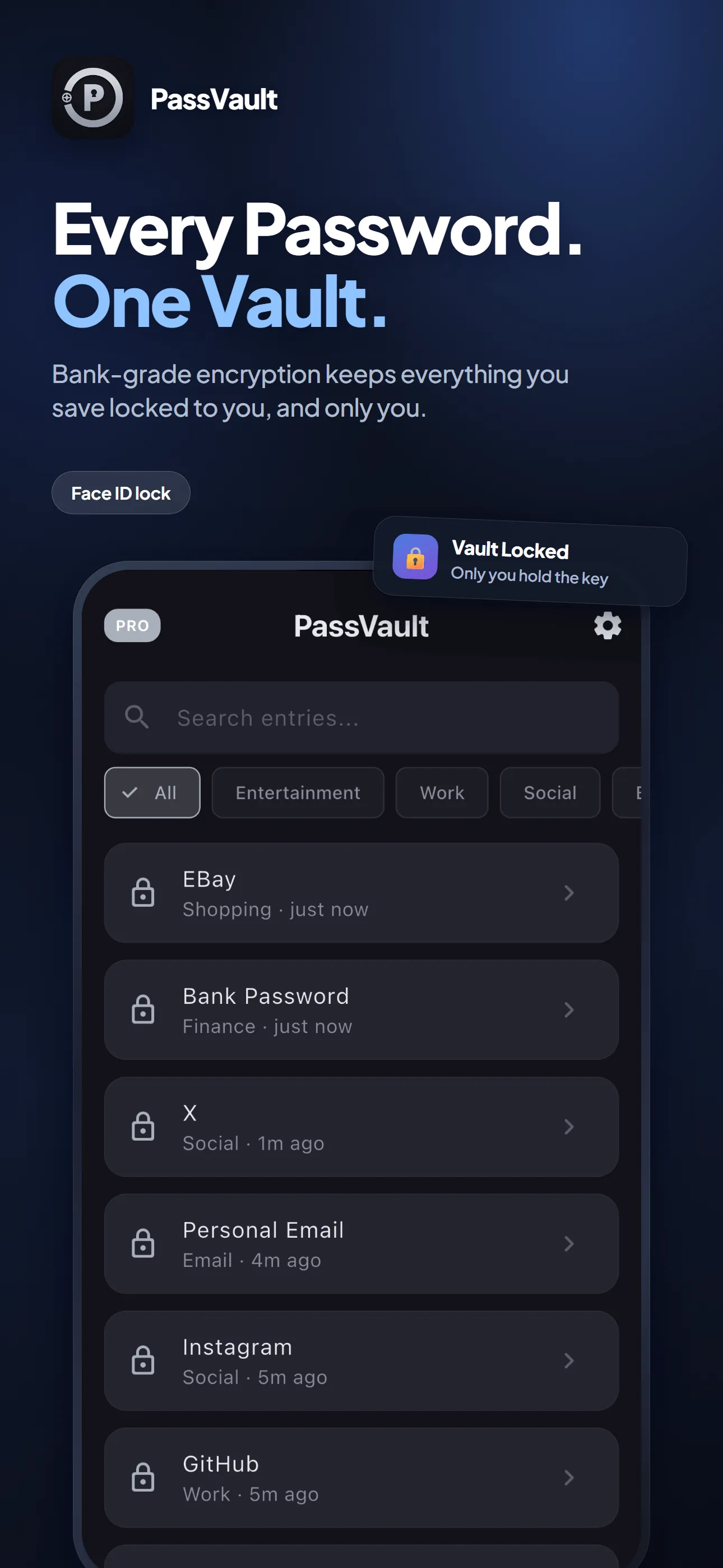 PassVault: Every entry in one list, filtered by category